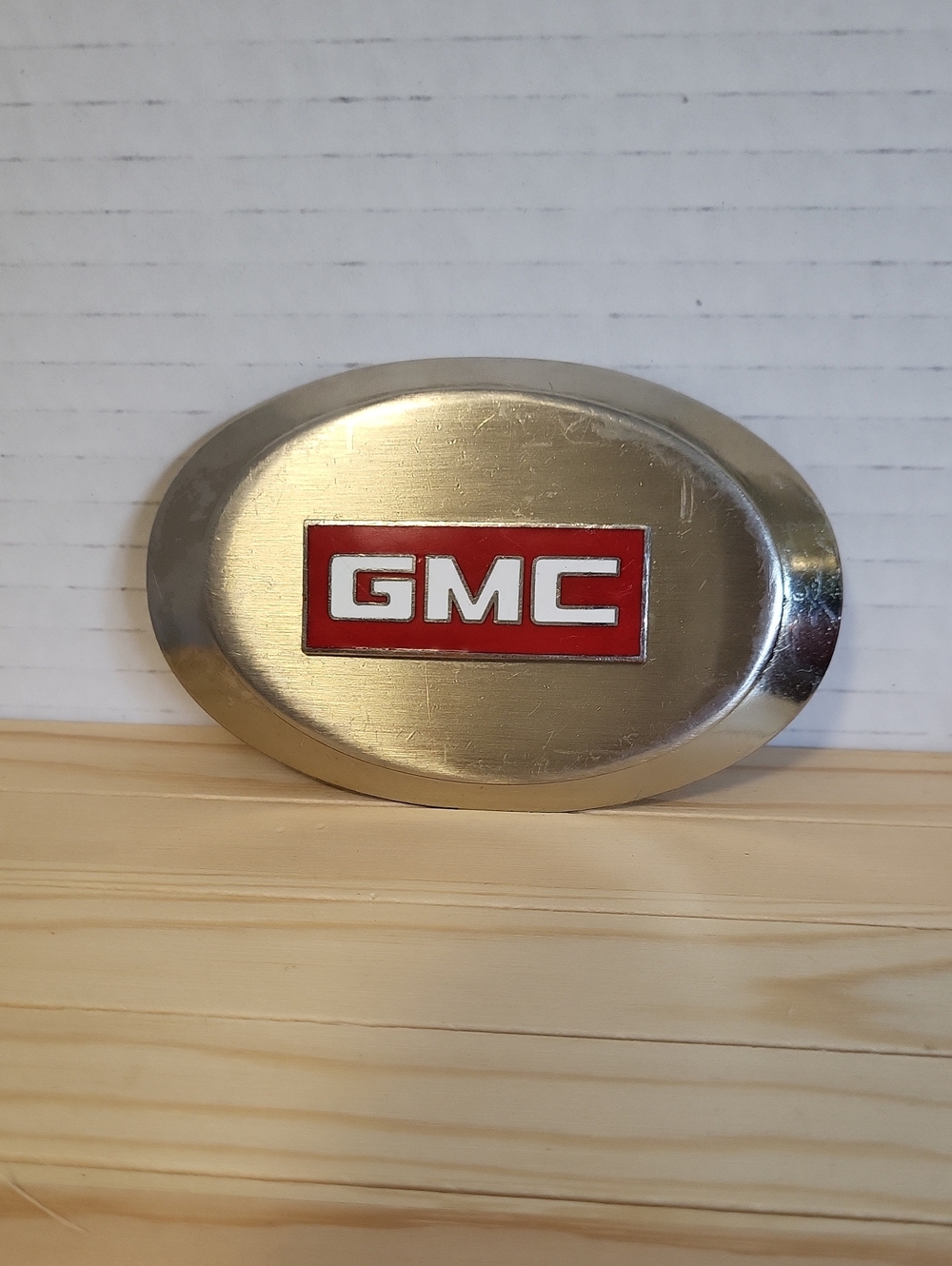 Vintage GMC Chrome Oval Emblem Belt Buckle with Red Logo